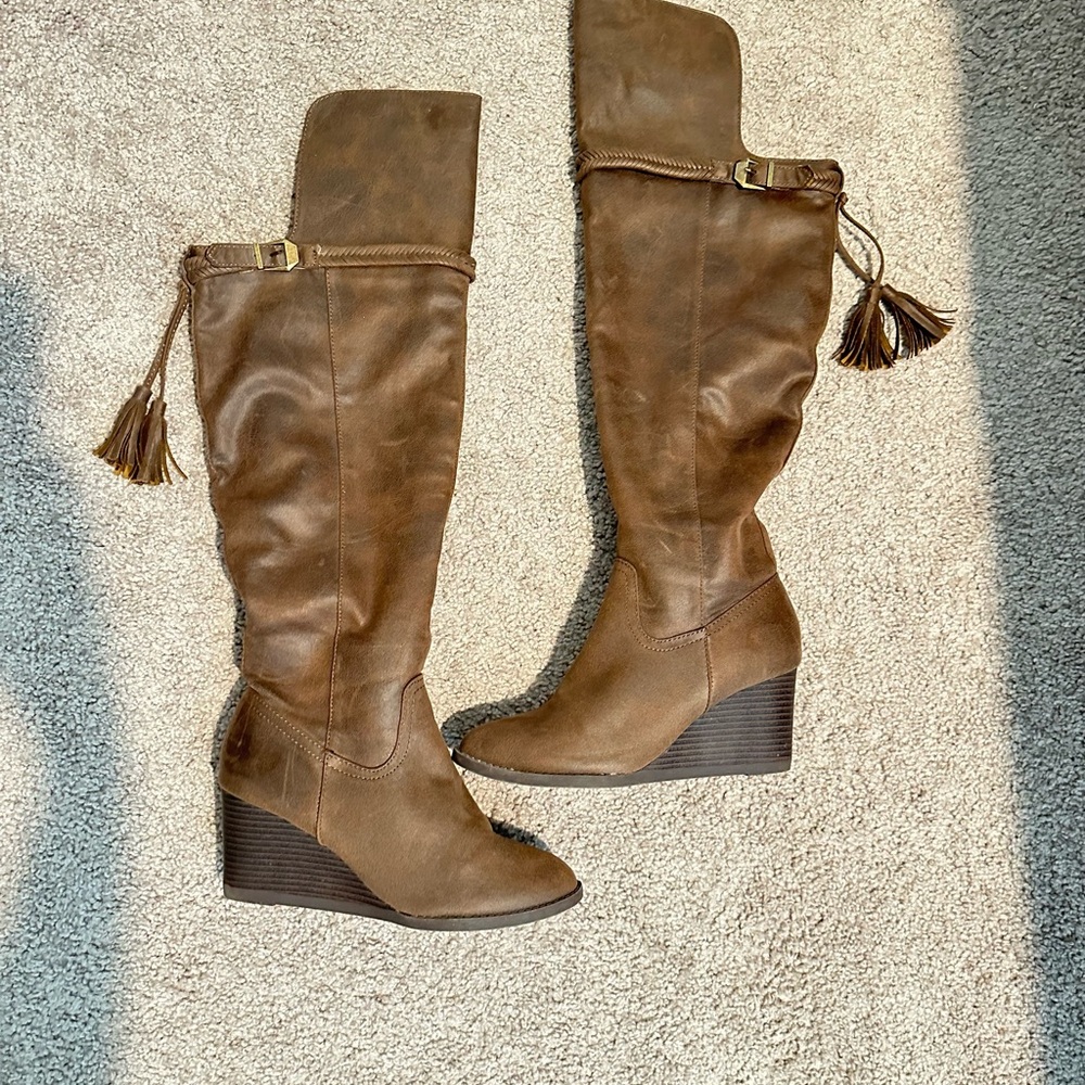 Journee Collection Brown Over the Knee Western Wedge Boots
